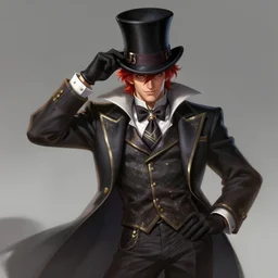 a highly detailed illustration of stylish top hat wearing red haired attractive man, wearing suit vest, flashy leaning back pose, intricate, elegant, highly detailed, centered, digital painting, artstation, concept art, smooth, sharp focus, league of legends concept art, WLOP