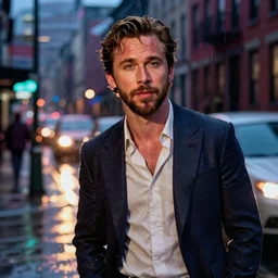 night flash portrait photography of ryan gosling on the lower east side by annie leibovitz, raining!!!, colorful!!, nighttime!!,