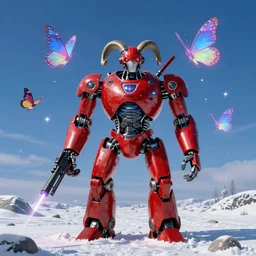 a terrifying red robot with ram horns standing on the snow ground, blue sky, laser rifle, butterfly hard lighting ethereal mechanic art by and hajime sorayama, yukito kishiro, raymond swanland and monet, ruan jia, by wlop