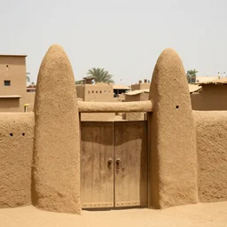High-quality photography of a mud brick gate to a West African city, National Geographic