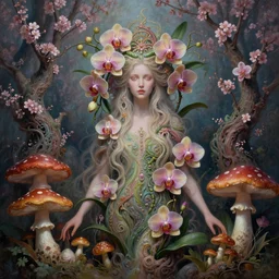 psychedelic organic shaman made of orchids and cherry blossom trees and mushrooms, diffuse lighting, fantasy, intricate, subconscious, highly detailed, photorealistic, digital painting, artstation, beautiful woman, concept art, smooth, sharp focus, by john collier and albert aublet and krenz cushart