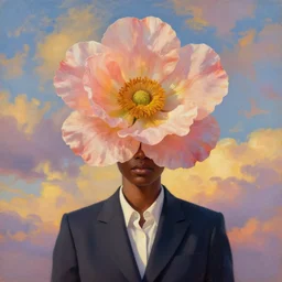 portrait, giant flower as the head, black woman in suit, surreal photography, golden hour, colorful clouds, impressionist painting, digital painting, artstation, simon stalenhag