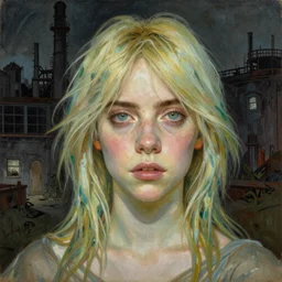 detailed portrait painting of Billie Eilish as a goddess in an extremely moody abandoned industrial city at night, with anxious, piercing eyes, by Alphonse Mucha, Michael Whelan, William Adolphe Bouguereau, John Williams Waterhouse, and Donato Giancola