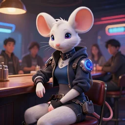 beautiful portrait of a female anthropomorphic albino mouse fursona wearing cyberpunk clothes sitting at a cyberpunk bar. character design by disney, charlie bowater, ross tran, artgerm, and makoto shinkai, detailed, soft lighting, rendered in octane
