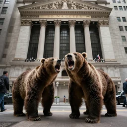 literal grizzly bears screaming on the floor of the NYSE as the markets rally to all-time-highs, high definition color photograph