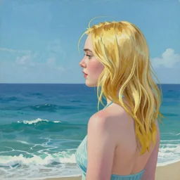 painting of Elle Fanning looking at the ocean, in the style of the New Mutants comics