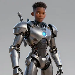 nigerian boy in a robotic super armor, pixar, digital painting, character designs, exquisite detail, cinematic, intricate
