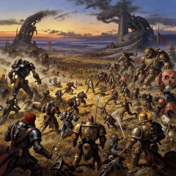 Warhammer Original Artwork depicting a large battlescene at dusk by Geof Darrow and Peter Paul Rubens, Sprawling battlefeild of death with monsters and creatures, Full frame,dappled light,Retro Futurism,Studio Ghibli,Anime