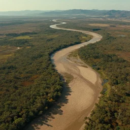 realistic full height cinematic rothko picture stunning dry river delta aerial view of dense swampland by denis villeneuve and hiroshi yoshida, highly detailed intricate particle simulation in houdini, distant mountains, hyperrealism, moorland colors, matte painting, trending on artstation, 4 k detailed post processing, rendered in octane