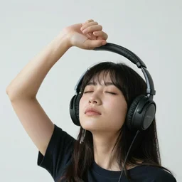 shaky photo, hand in the air, big headphones on, closing eyes