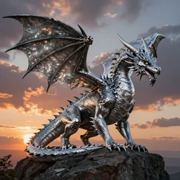silver dragon, by greg rutkowski, sunset, stunning.