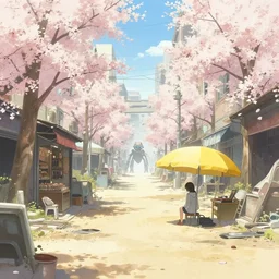 tatsuyuki tanaka artwork, soft bloom lighting, abandoned city, paper texture, movie scene, distant shot of hoody girl sitting under a yellow parasol in deserted dusty shinjuku junk town, old pawn shop, bright ground, lurking robot monster in background