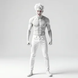 a white guy his body is full of white and he's angry his eyes is red standing in a white place