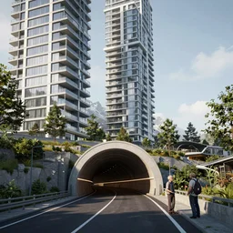 establishing shot of modern bjarke ingels condo building and gotthard tunnel entrance combined, roads tunnel under bjarke ingels condo building, scifi artstation digital concept art, by ralph mcquarrie and denis villeneuve, unreal engine, hyper realism, realistic shading, cinematic composition, blender render, octane render, hdr, detailed textures, photorealistic, wide shot