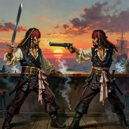 two pirates!, one with a sword and one with a gun, facing each other in death duel, smoldering barre, gunpowder smoke, bloody sword, sunset background, ship on the horizon!, portrait 4 / 3, fantasy, high detail, greg rutkowski, james gurney, gene wolfe, gustave dore, jesper ejsing, rhads, makoto shinkai, ilya kuvshinov