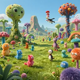 vhs footage of a colorful alien world, with mountainous absurd looking twirly terrain, green grass, and colorful fuzzy creatures roaming and flying in it, and lots of weird alien plants, dr seuss inspired, realistic