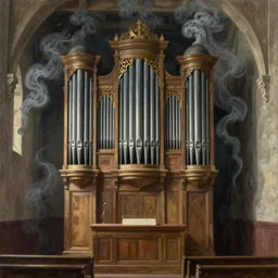 interior, pipe organ in winter, fantasy, medieval, grey smoke highly detailed, Artstation, oil on canvas painting by Canaletto and alan lee