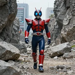 High Fantasy Kamen Rider walking in a rock quarry away from a cyberpunk city, single character full body, 4k, glowing eyes, daytime, rubber undersuit, dark blue with red secondary color dragon inspired segmented armor made out of pvc, tokusatsu, promotional image, rocky landscape, ultra realistic, vibrant colors, Fabian Wagner Cinematography