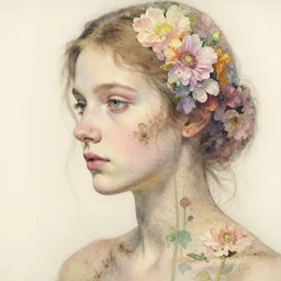 close up of a beautiful girl morphing into a pattern of flowers, dirt watercolor by gottfried helnwein, by hammershøi, art noveau, highly detailed, lights by edward hopper, liminal, eerie, pastel colors, limited palette