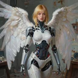 portrait painting of cyberpunk cyborg beautiful angel in a shabby room, by pablo carpio, greg rutkowski, eytan zana, fine detail, cyborg parts, bright colors, unreal engine 5 highly rendered, global illumination, high definition, accurate focus, digital, artistic, detailed and intricate environment
