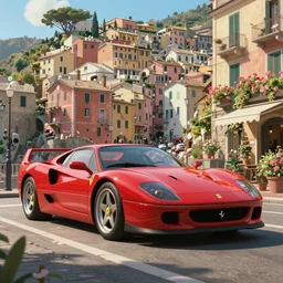a wholesome animation key shot of!! one!! focused!! ferrari 2 5 0 gt!! in beautiful cinque terre italy street, medium shot, studio ghibli, ( pixar ) and disney animation, sharp, very detailed, high resolution, rendered in unreal engine 5, anime key art by greg rutkowski, bloom, dramatic lighting