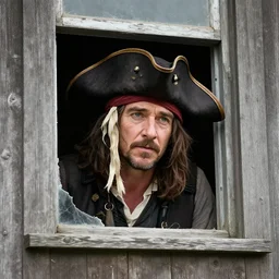 russell crowe wearing a too wide silly pirate hat behind a dirty window and wooden wall staring out