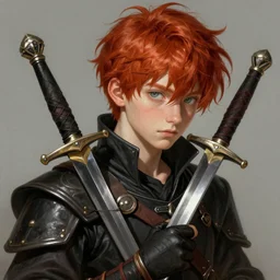portrait of a young, red headed, boy, thief with daggers, D&D, fantasy, intricate, cinematic lighting, highly detailed, digital painting, artstation, concept art, smooth, sharp focus, illustration, art by Hajime Sorayama