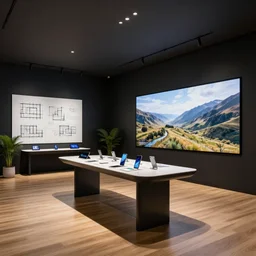 design plans, sketches, blueprints!!!!! ( ( ( ( ( serious grounded balanced muted flagship samsung store, black walls. timber floor. low ceilings with spots. curved furniture, with large digital screen. display tables with phones and tablets, pots with plants, large digital screens on the walls ) ) ) ) )
