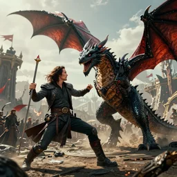 wizard keanu reeves fighting a dragon on a fantasy battlefield