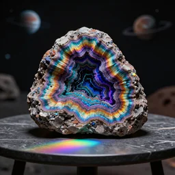rainbow geode found in an alien rock formation on a distant planet, rtx, raytraced, refracted light on table