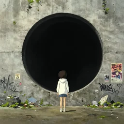 ghibli miyazaki movie poster, focal point, foreground, midground, ultra wide, brutalist, white hoodie girl outside a large hole in the side of a concrete wall, huge black circle, huge black round hole, black depths, posters, notices, graffiti, stickers, junk, moss