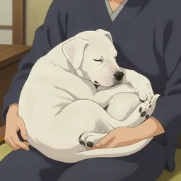painting of tired white pitbull puppy curled up on a japanese man's lap, highly detailed, cozy aesthetic, anime key visual, fukaya yuichiro