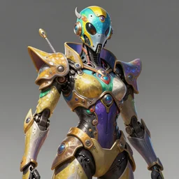 low angle shot of a vibrant multicolor cyberpunk gazmask robot character, intricate, elegant, highly detailed, centered, digital painting, artstation, concept art, smooth, sharp focus, illustration, artgerm, Tomasz Alen Kopera, Peter Mohrbacher, donato giancola, Joseph Christian Leyendecker, WLOP, Boris Vallejo