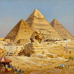 a theme park in old egypt, pyramids, sphynx, ferris wheel, lights, carnival, oil painting