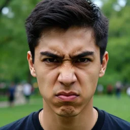 closeup photo of a young man in central park with a angry face, nikon photography