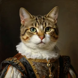 portrait of a pedigree female cat wearing renaissance clothes. art by rubens, oilpainting, sharp focus, very detailed, hyper realistic, rich colors