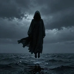 dark mysterious hooded figure hovering above a dark ocean, 8K, concept art, cinematic, blue, black, gray, filmic, HDR, hyperrealism, volumetric lighting