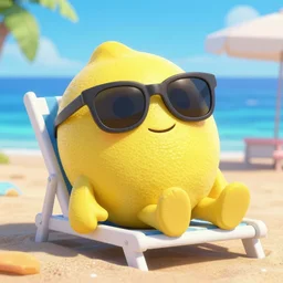 A Pixar style Lemon character wearing sunglasses and relaxing in a beach