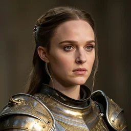 head and shoulders portrait of a female knight, young natalie portman, golden etched armor, game of thrones, eldritch, by artgerm, alphonse mucha, silken hair, etched breastplate, sharp focus, high key lighting, vogue fashion photo