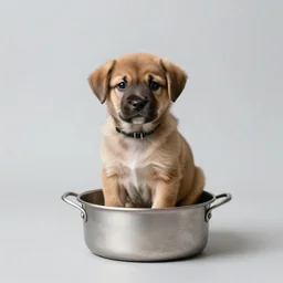 puppy sitting in a small metal pot, photography, minimalistic, 8 k