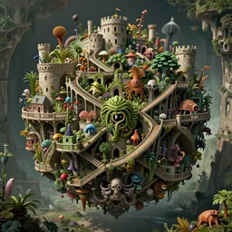 humanoid inside castle at center of carnage shaped roughly as sphere, with a tangle of inifnite stairways, bridges, and balconies covered in unending variety of plant, animal, machine life by m. c. escher and zdzisław beksinski, 3 d render, horror, surreal, vibrant colors, mathematics, dramatic lighting