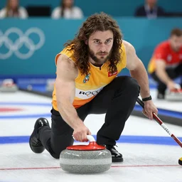 a neanderthal participating in the olympics 2 0 2 4, posing for curling