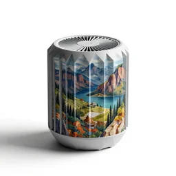 origami-style air purifier, stylized 3d render, isolated on a pure white background, centered, entire object in frame, sharp focus, soft studio lighting