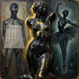 3 d carved black and gold marblic structure of beautiful woman body silhouette carved sculpture melting, black abstract oil painting, macro detail fluid particles, fashion pose, melting sculpture dripps, beautiful marbling acrylic fluid body, renaissance painting by michaelangelo, matte fresco, black latex female balaclava, female calendar, female ballerina body covered with black latex, underwater, concept art, melting glass, cinematic still, film still, kandinski, fashion portrait, sketch