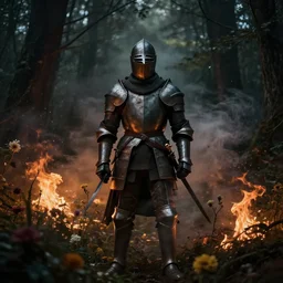 fantasy, portrait of a knight among flowers in dark forest, surrounded by fire and smoke, moody, jean delville, gustave dore and marco mazzoni, rim light, dynamic lighting, cinematic shot, gritty