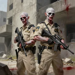 pale zombie security officers in beige uniform in burtalist concrete building by greg rutkowski trending on artstation bloody digital painting highly detailed 4 k 8 k hd holding bullpup