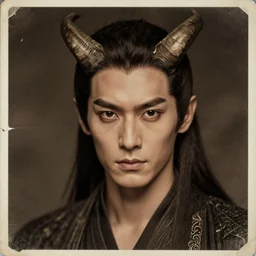 portrait of handsome demon with horns, old vintage photography, damaged photo, film artifacts, scratches, tears, hyperrealistic, ultra detailed, 4 k