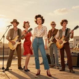 rockabilly band 1950s, high detail, golden hour, 8K, by hanna barbera