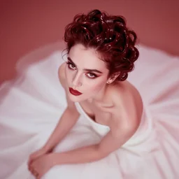 cinestill 5 0 d aerial wiev of a beautiful dreamy woman by annie liebovitz, sitting in a dystopian red tonal glossy, hair intricate style, wearing white dress, elegant, highly detailed, soft foggy blur, artstation, sharp focus, head in focus,
