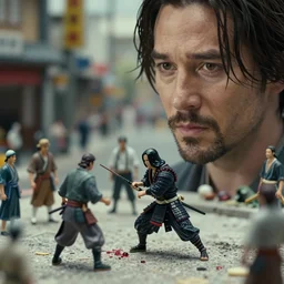 beautiful hyperrealism three point perspective film still of keanu reeves as samurai blood scene in kagemusha meets evil dead, extreme closeup portrait in style of frontiers in porcelain miniature street photography seinen manga fashion edition, miniature still life, eye contact, tilt shift style scene background, soft lighting, kodak portra 4 0 0, 8 k, macro, cinematic style by emmanuel lubezki